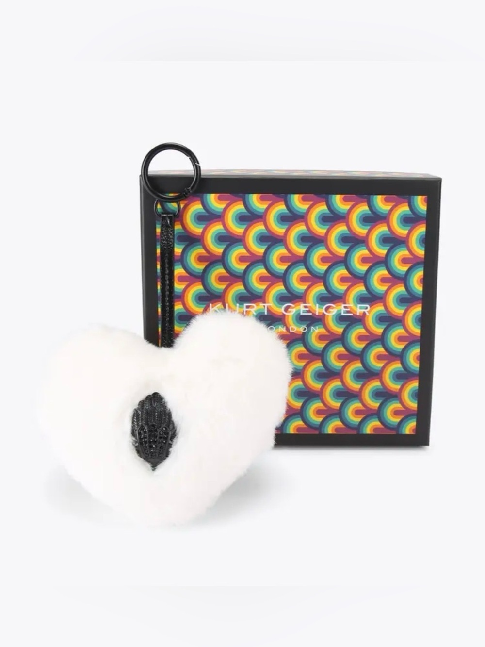 Kurt Geiger White Heart Fur Bag Charm with Black Signature Eagle Head